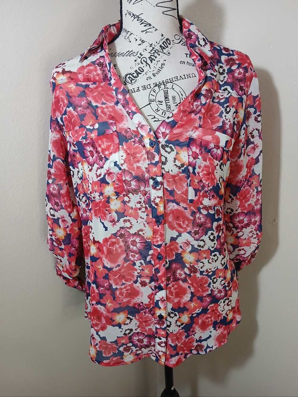 Express Coral Pink Floral Button-Up Blouse